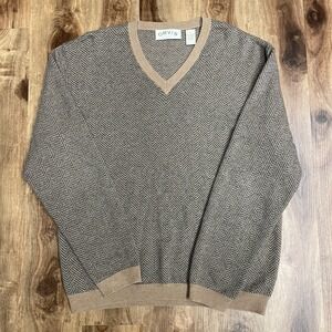 ORVIS 100% Cashmere V-Neck Sweater Men's Size L Brown Herringbone